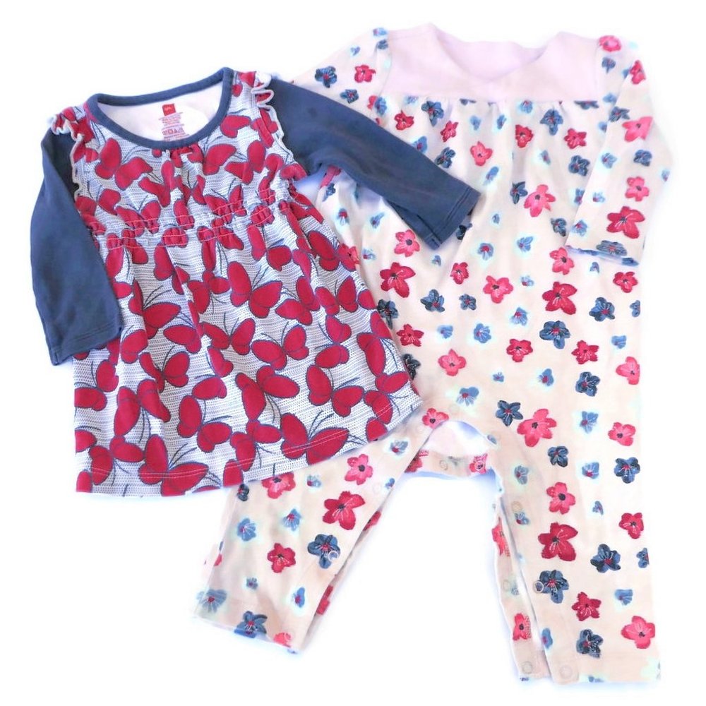 Tea Collection 2 Piece Lot Butterfly Long Sleeve Dress Floral Onesie 6-12months
